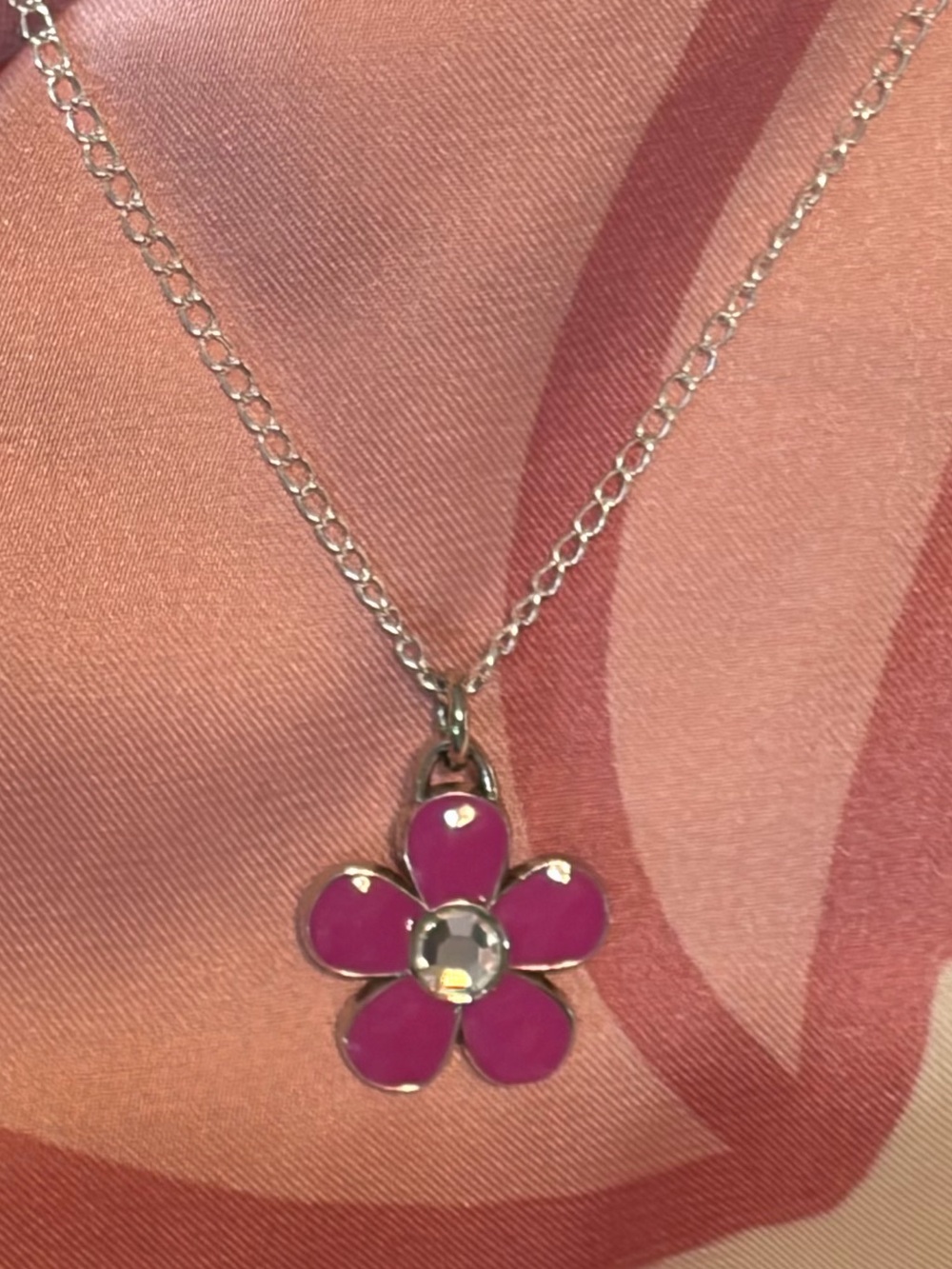 Coach Pink Enamel Crystal Flower Mini Pendant .925 Sterling Necklace NWOT